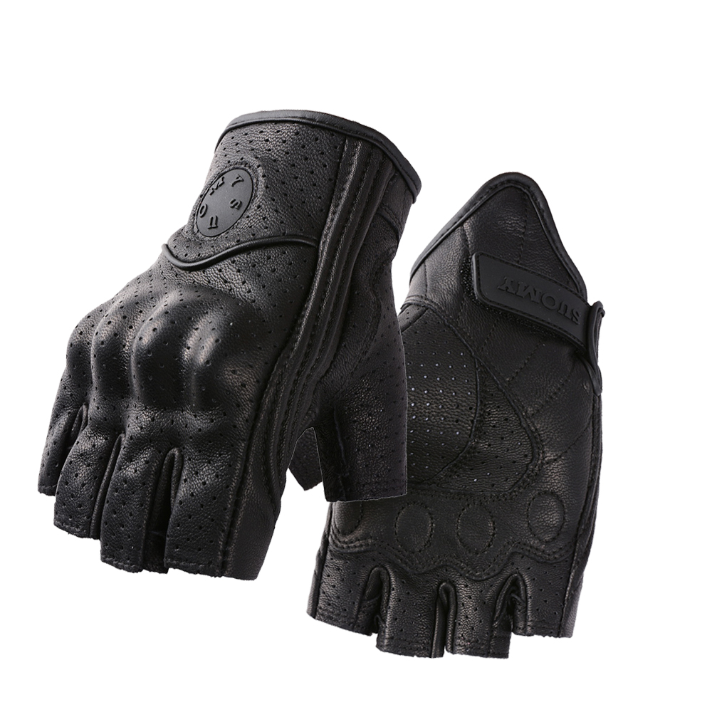 여름 반 손가락 오토바이 장갑 레트로 블랙 가죽 천공  - Motorcycle Gear Gloves 리뷰 및 가격